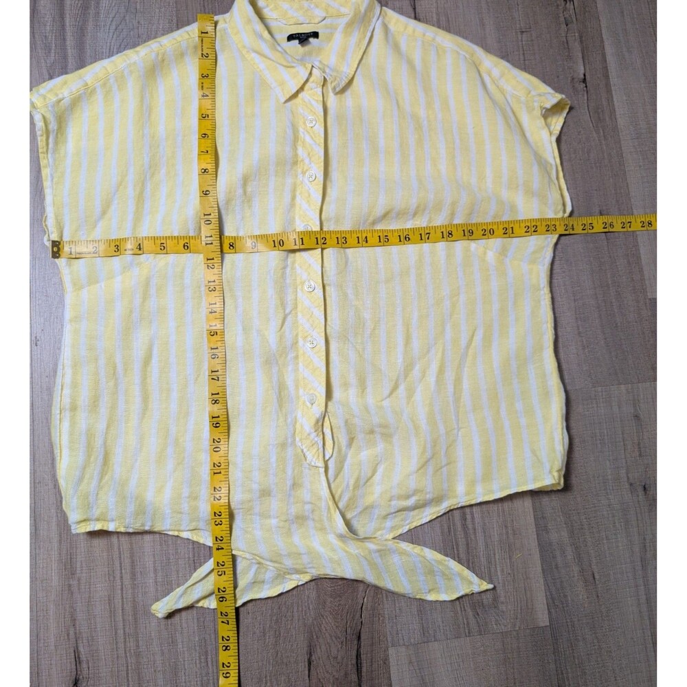 Talbots Size L Petite Blouse 100% Linen Front Tie Waist Yellow Striped Coastal - Picture 9 of 9